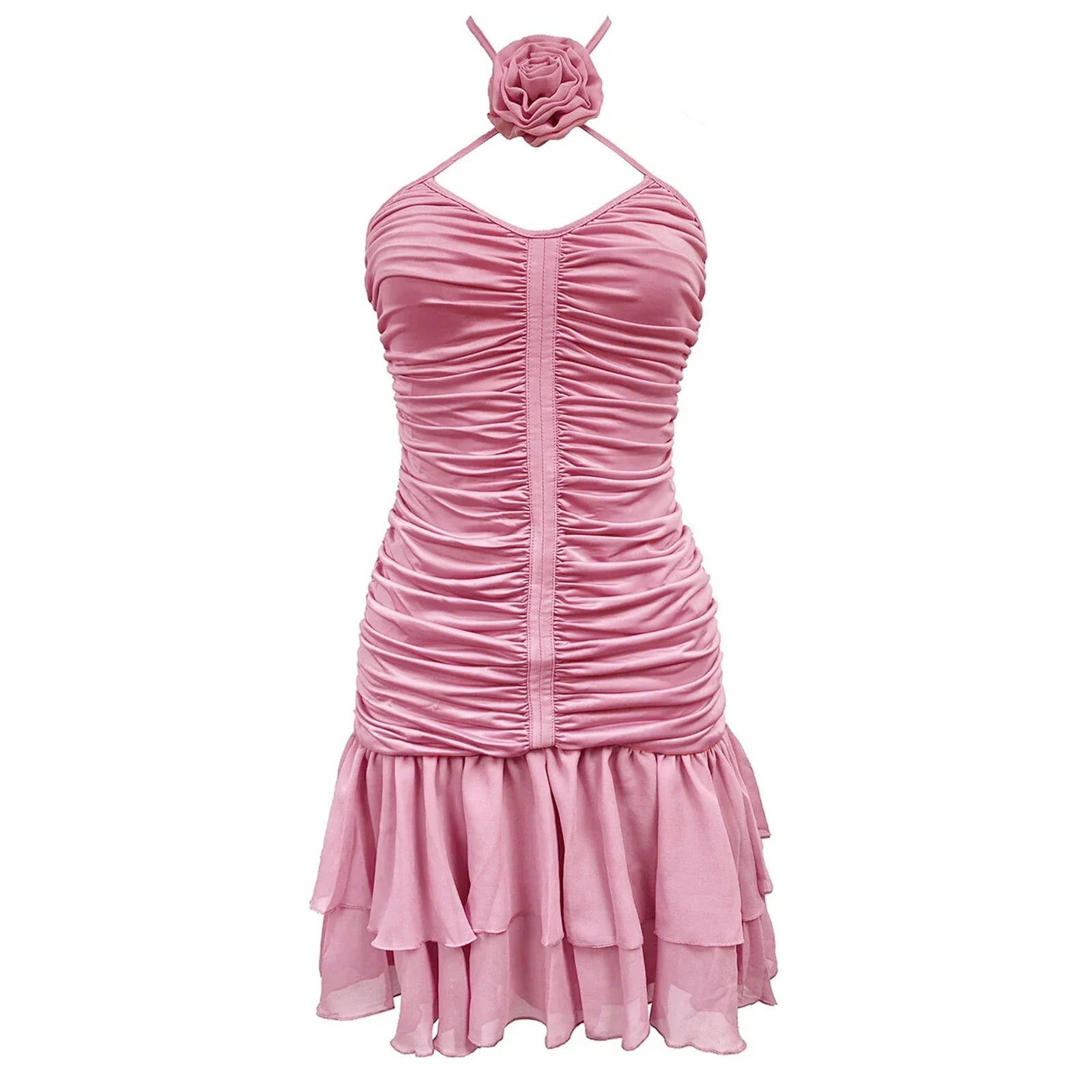 Women’s Solid Color Sexy Slim Ruched Low-Cut Halter Neck Backless Mini Dress with 3D Rose Flower