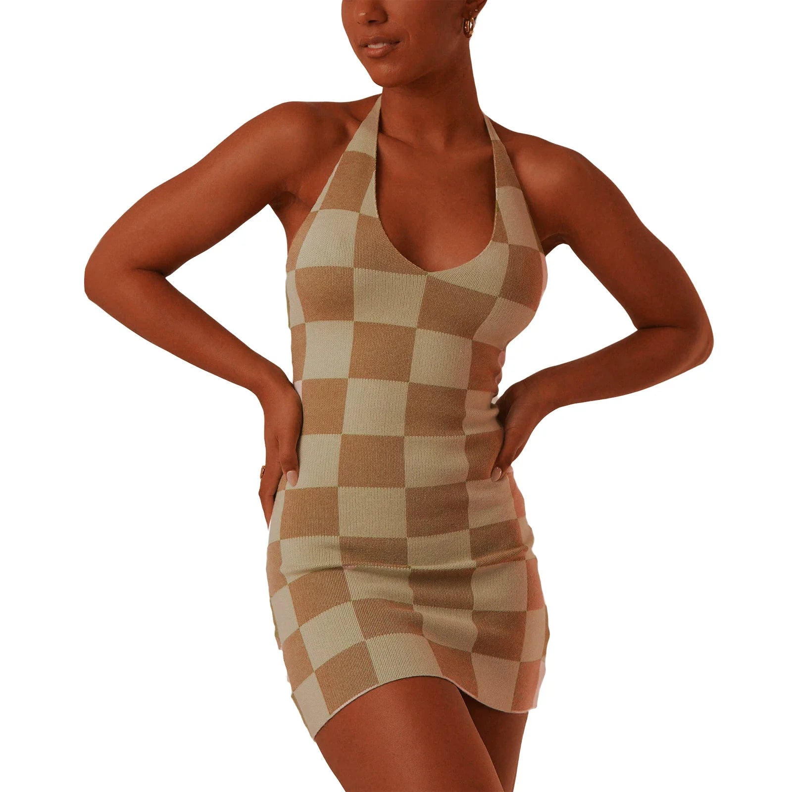 Sleeveless Checkerboard Print Backless Party Club Streetwear Mini Dress