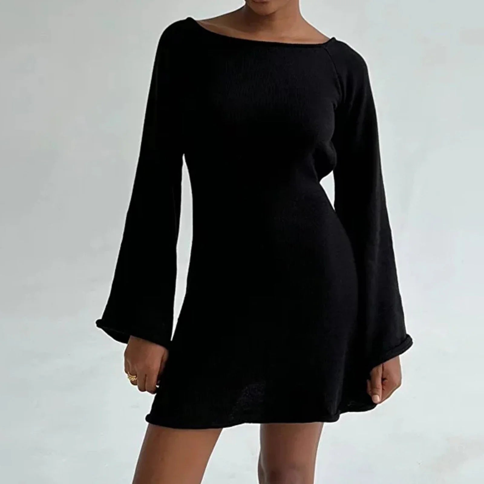 Women Knitted Casual Solid Color Backless Long Sleeve Party Streetwear Mini Dress