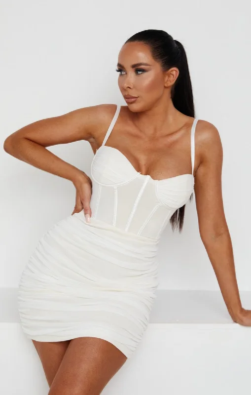 Cream Mesh Ruched Corset Strappy Bodycon Mini Dress - Penny