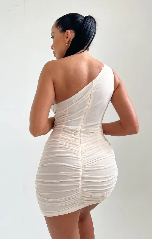 Cream One Shoulder Mesh Bodycon Mini Dress - Amy