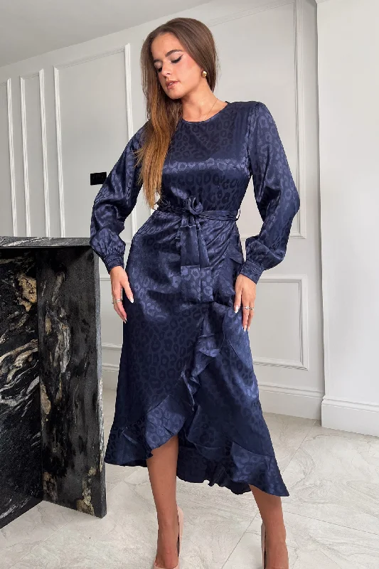 Danica Navy Leopard Frill Skirt Long Sleeve Midi Dress