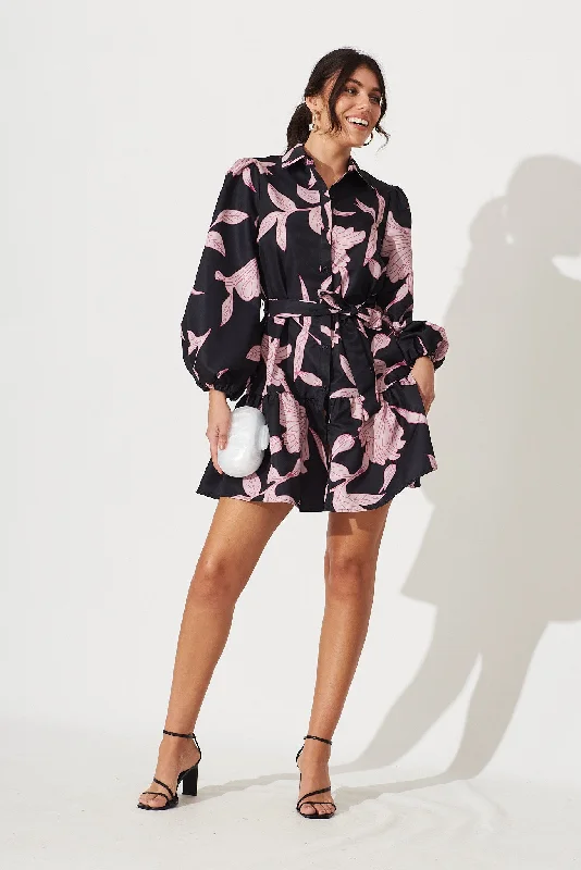 Guilia Shirt Dress In Black With Purple Floral