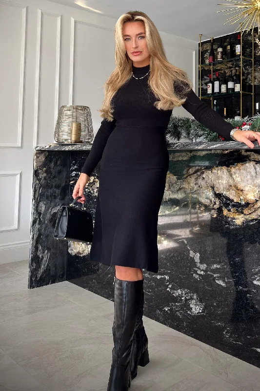 Chevi High Neck Black Long Sleeve Knitted Midi Skater Dress