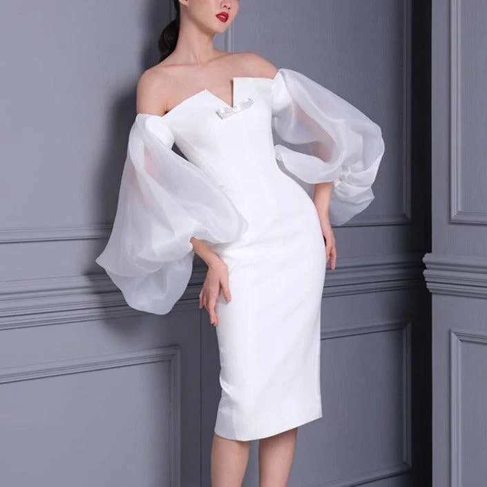 KittenAlarm - Jessamine Off Shoulder Organza Puff Sleeves Midi Dress