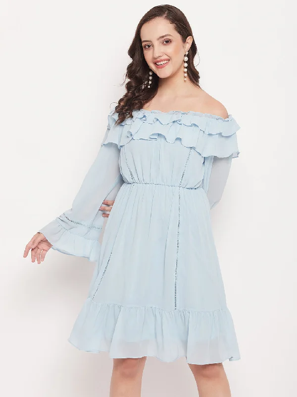 Madame Sky Blue Off Shoulder Bell Sleeve Dress