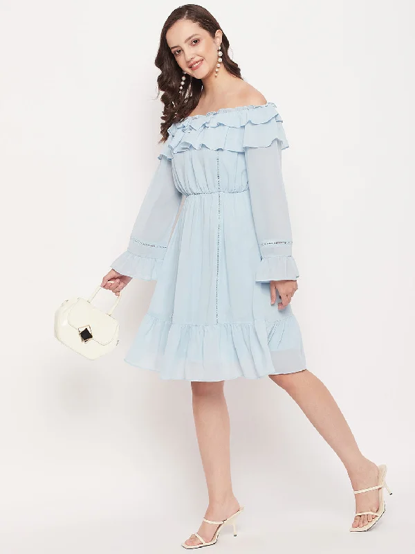 Madame Sky Blue Off Shoulder Bell Sleeve Dress