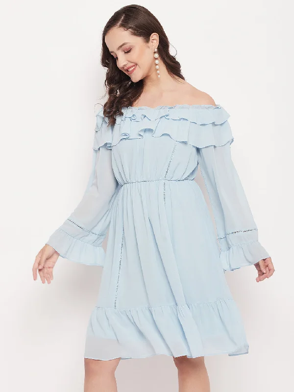 Madame Sky Blue Off Shoulder Bell Sleeve Dress