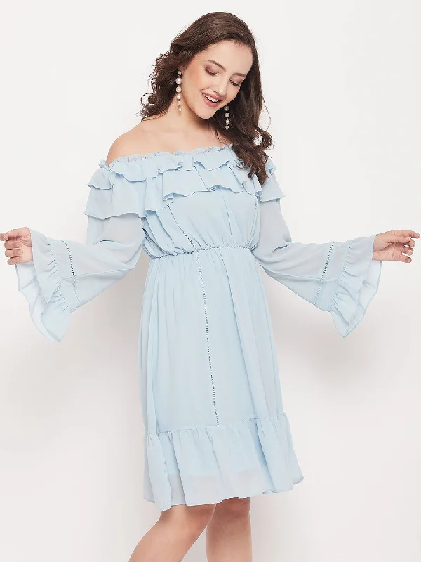 Madame Sky Blue Off Shoulder Bell Sleeve Dress