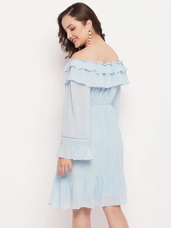 Madame Sky Blue Off Shoulder Bell Sleeve Dress