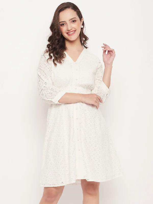 Madame Solid White Schiffli Fit And Flare Dress