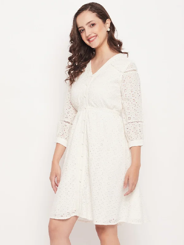 Madame Solid White Schiffli Fit And Flare Dress