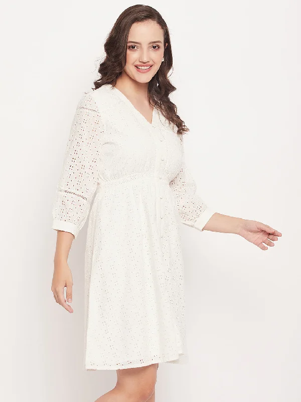 Madame Solid White Schiffli Fit And Flare Dress