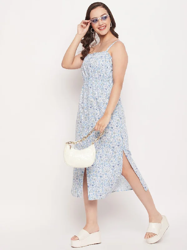 Madame White Square Neckline Floral Slit Dress