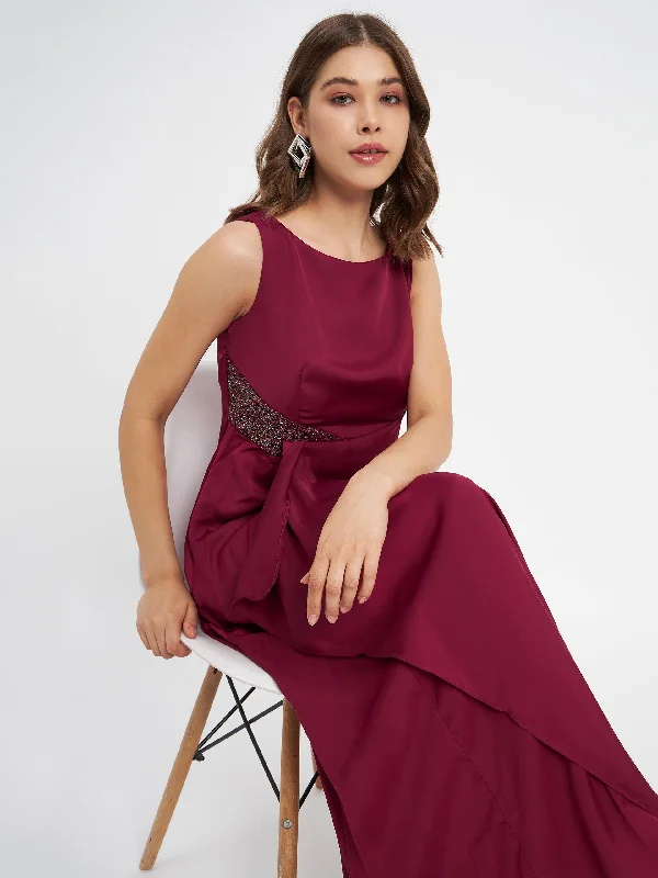 Madame Wine Shimmer Detailing Ruffle Hem Dress