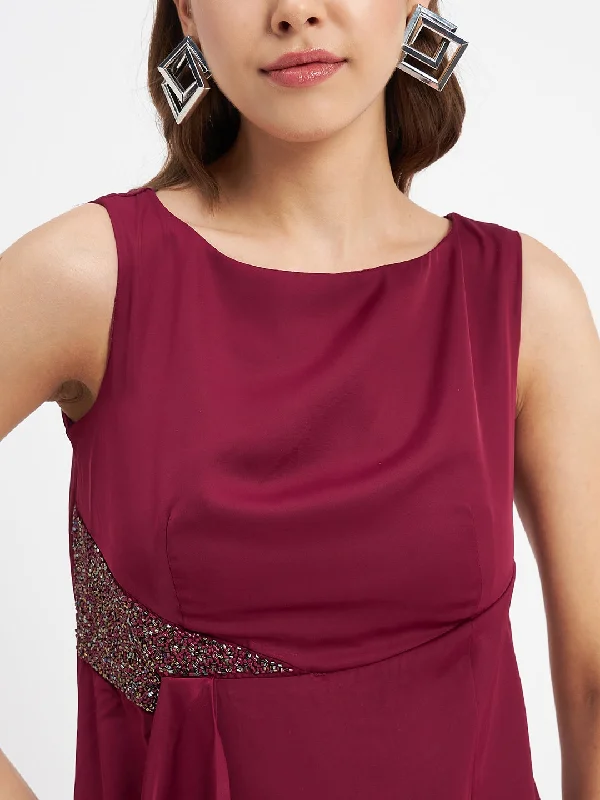 Madame Wine Shimmer Detailing Ruffle Hem Dress