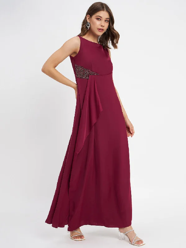 Madame Wine Shimmer Detailing Ruffle Hem Dress