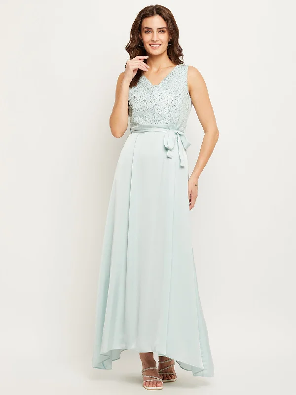 Madame Blue Embellished Tie-Waist Fit-Flare Dress