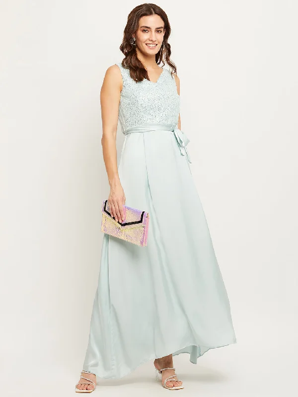 Madame Blue Embellished Tie-Waist Fit-Flare Dress