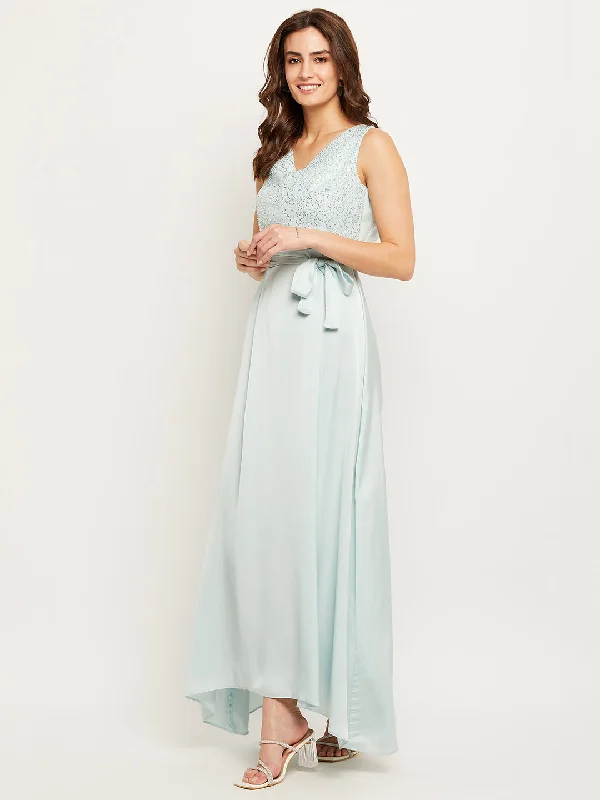 Madame Blue Embellished Tie-Waist Fit-Flare Dress