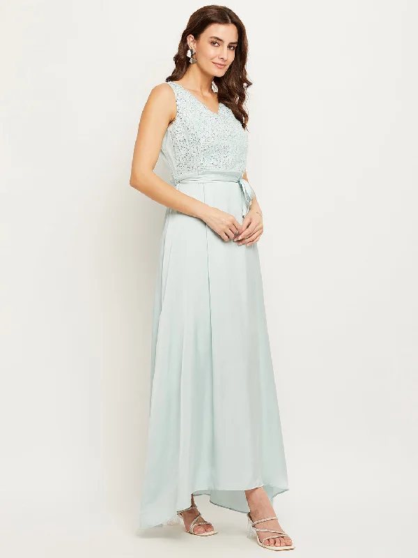 Madame Blue Embellished Tie-Waist Fit-Flare Dress