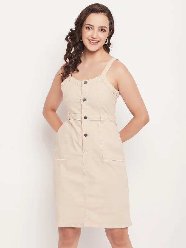 Madame Beige Sleeveless Denim Shift Dress