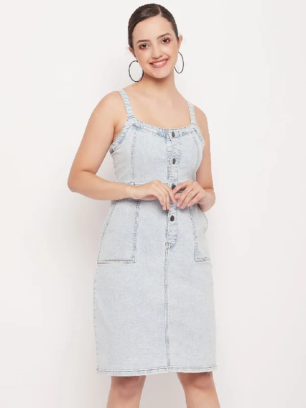 Madame Light Blue Denim  Sleeveless Shift Dress