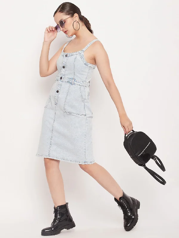 Madame Light Blue Denim  Sleeveless Shift Dress