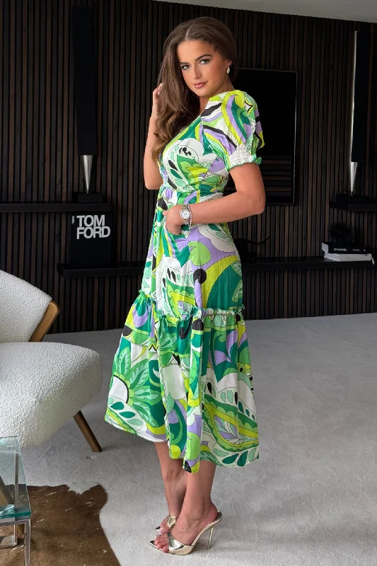 Maya Green Paisley Wrap Tiered Midi Dress