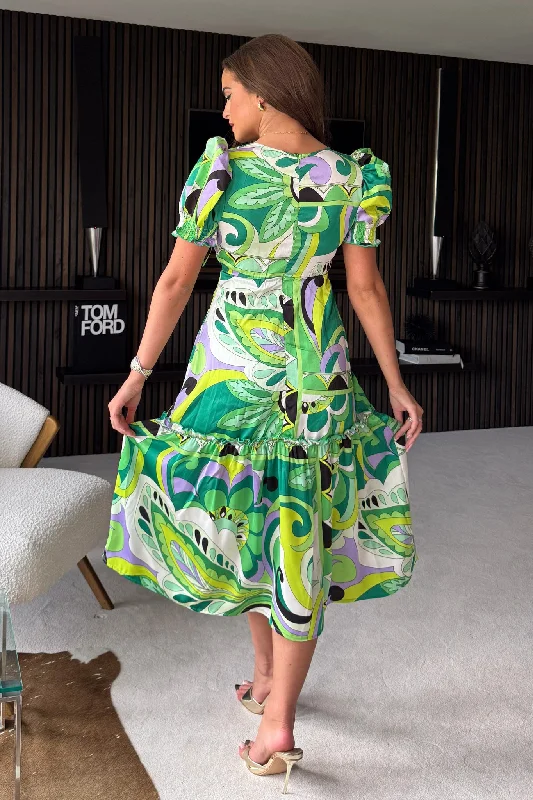 Maya Green Paisley Wrap Tiered Midi Dress