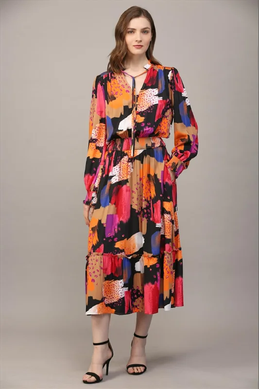 Multi-Color Abstract Long Sleeve Maxi Dress