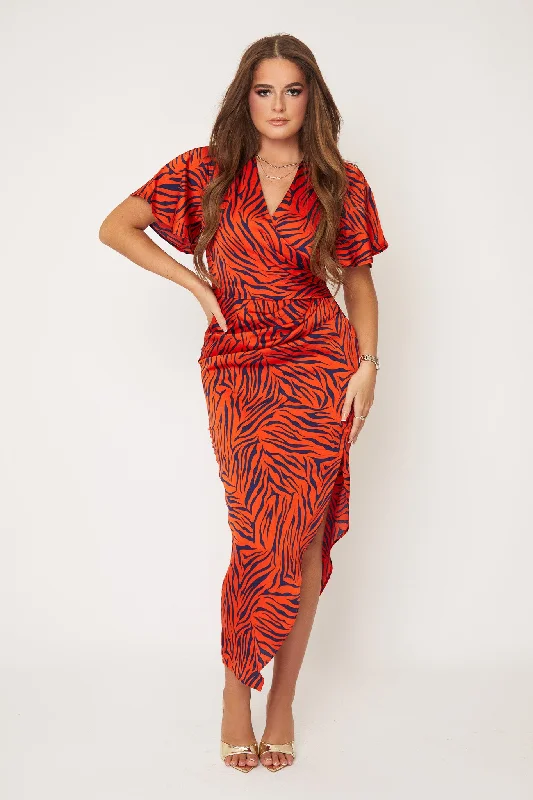 Natasha Orange & Navy Zebra Angel Sleeve Wrap Midi Dress