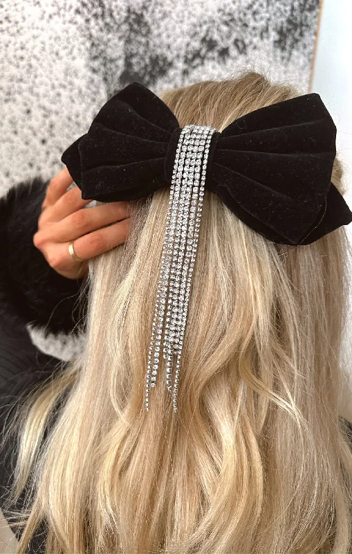 Rhinestone Tassel Hair Bow ~ Black Velvet