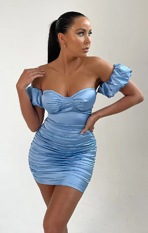 Sky Blue Satin Bardot Puff Sleeve Bodycon Mini Dress - Esme