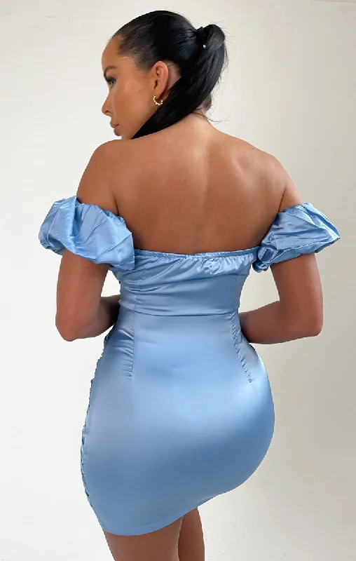 Sky Blue Satin Bardot Puff Sleeve Bodycon Mini Dress - Esme