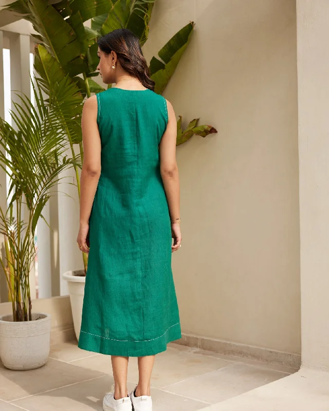 Solid Green Pure Linen Dress