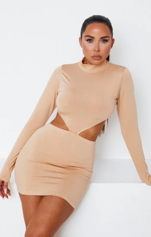 Stone High Neck Long Sleeve Cut Out Side Bodycon Mini Dress - Saanvi