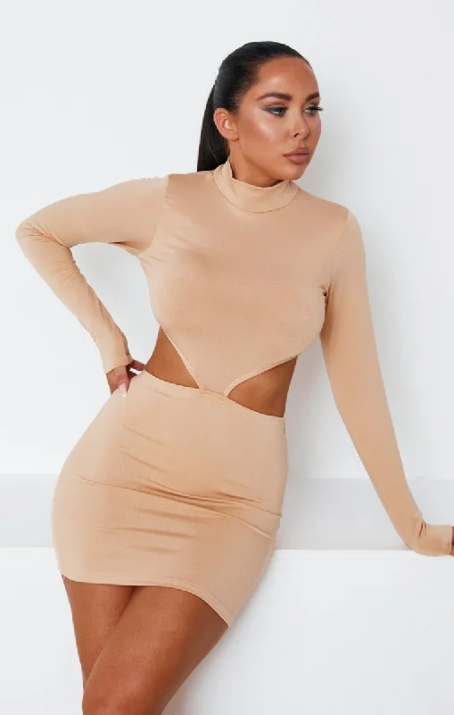 Stone High Neck Long Sleeve Cut Out Side Bodycon Mini Dress - Saanvi