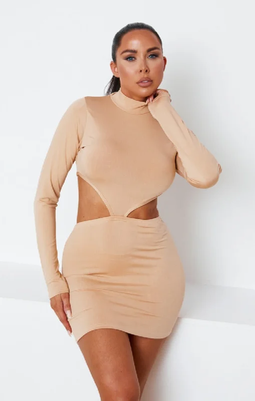 Stone High Neck Long Sleeve Cut Out Side Bodycon Mini Dress - Saanvi