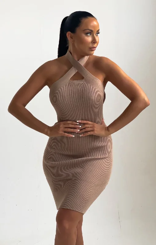 Stone Knitted Cut Out Crossover Halter Neck Bodycon Mini Dress - Elena