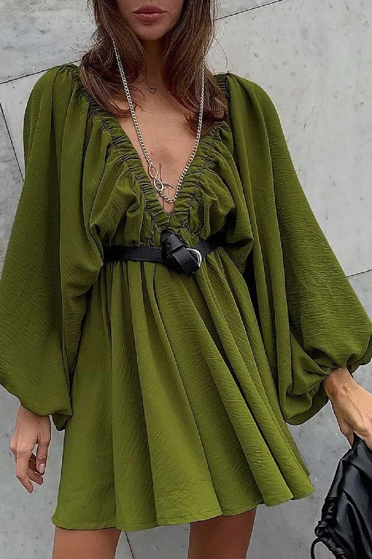 V Neck Puff Sleeve Ruched Dress