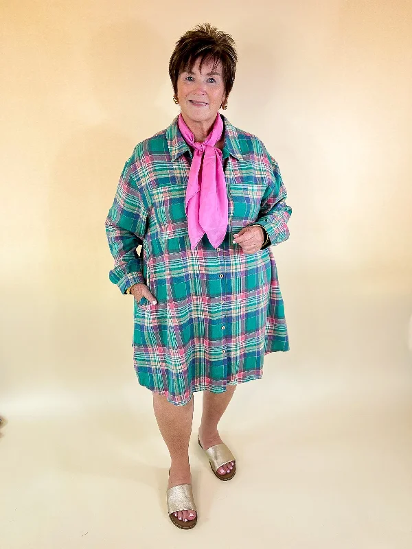 Vibrant Lifestyle Plaid Button Up Dress in Teal and Pink