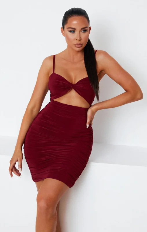 Wine Slinky Ruched Cut Out Strappy Bodycon Mini Dress - Mina