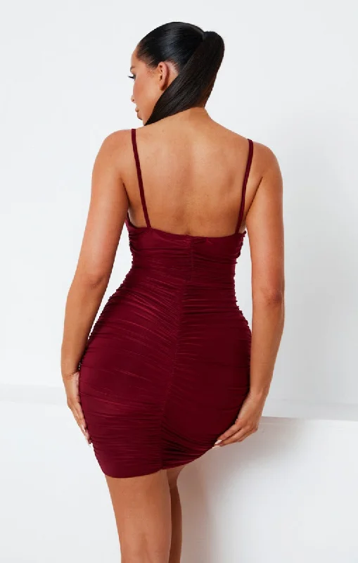 Wine Slinky Ruched Cut Out Strappy Bodycon Mini Dress - Mina