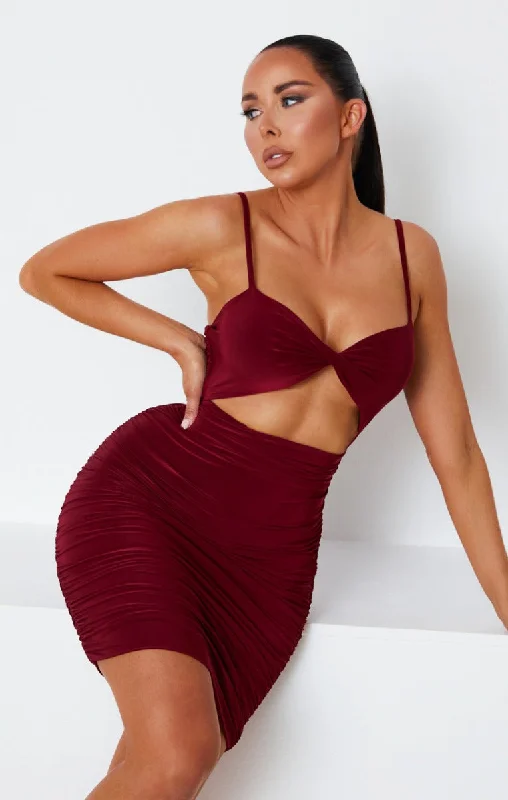 Wine Slinky Ruched Cut Out Strappy Bodycon Mini Dress - Mina