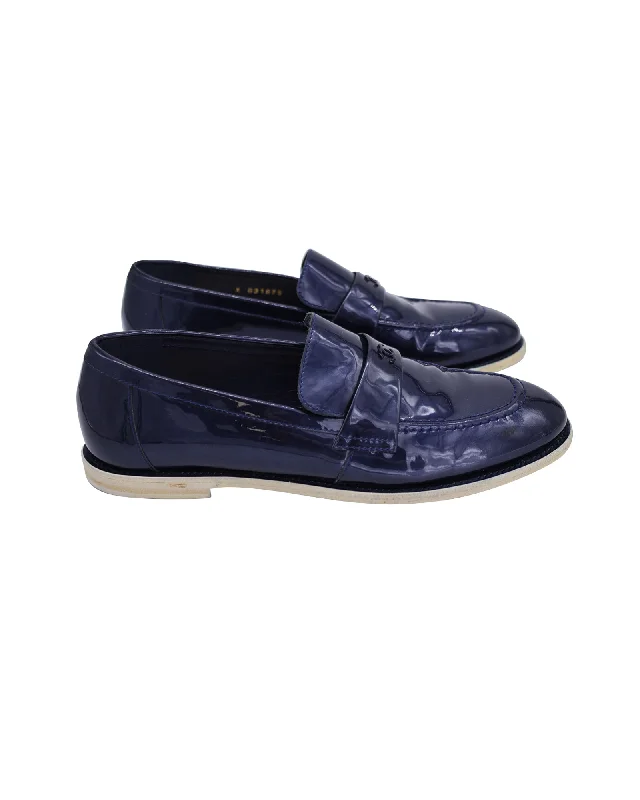 Chanel CC Logo Loafers in Navy Blue Patent Calf Leather