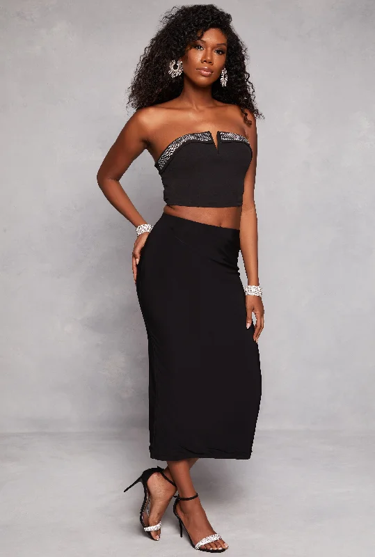 Crepe Knit Rhinestone Trim Tube Top