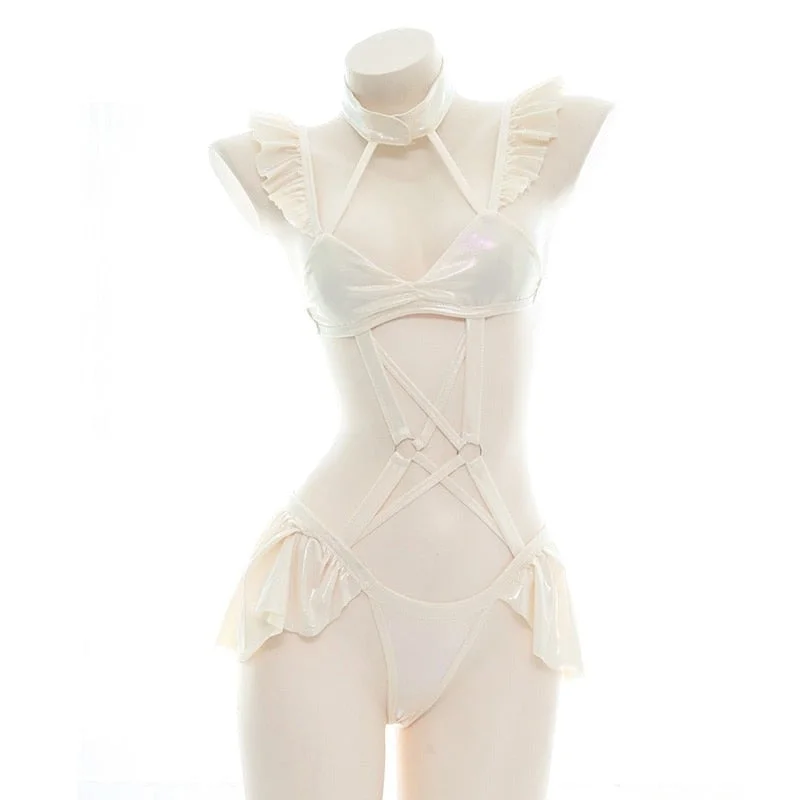 Cream Ruffled Harness Lingerie Set