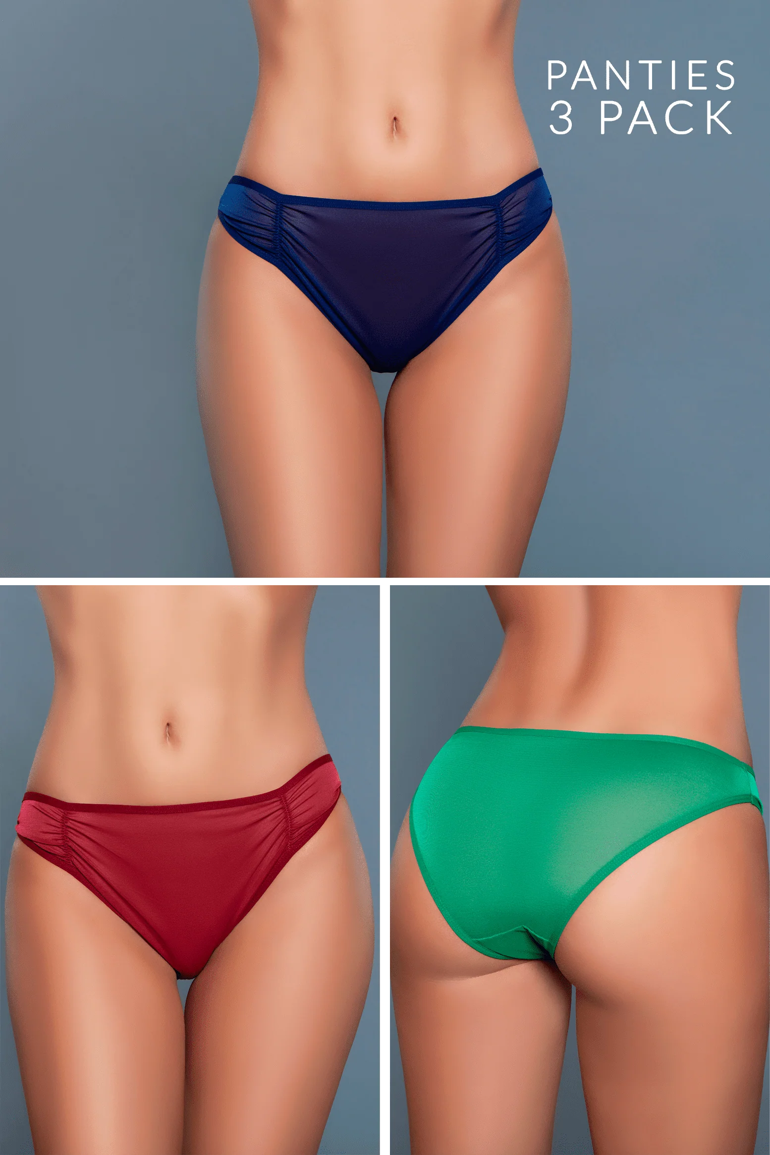 Kendra Ruched Mesh Brazilian 3 Pack Panties