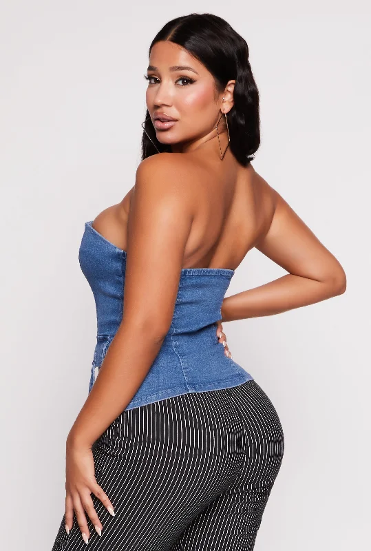 Denim Zip Front Flap Pocket Tube Top